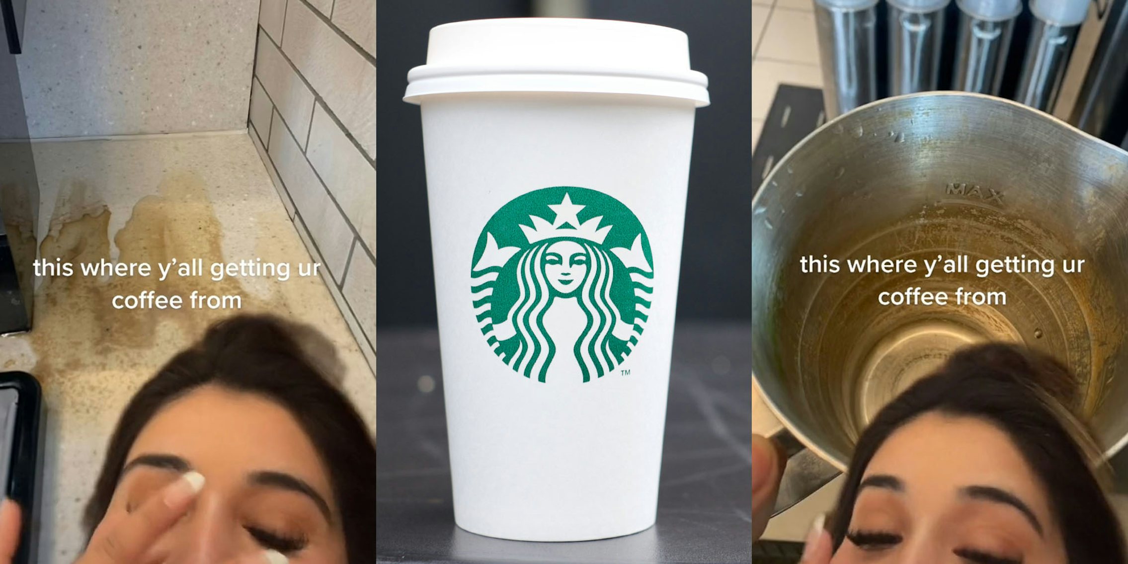 Greenscreen video showing brown liquid on counter woman hand up caption 'this is where y'all getting ur coffee from' (l) Starbucks cup on table gray background (c) greenscreen video bowl dirty woman hand up caption 'this is where y'all getting ur coffee from' (r)