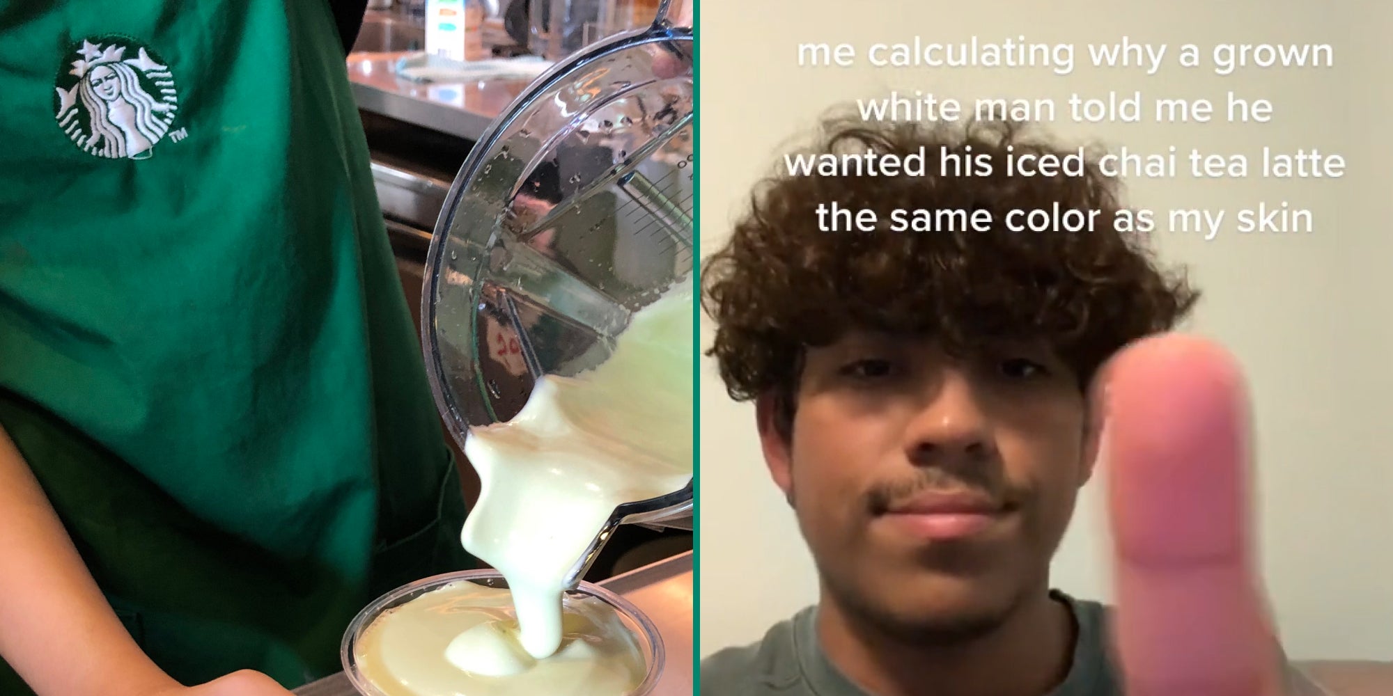 Starbucks barista with apron on making drink (l) Starbucks barista finger on screen caption 'me calculating why a grown white man told me he wanted his iced chai tea latte the same color as my skin' (r)