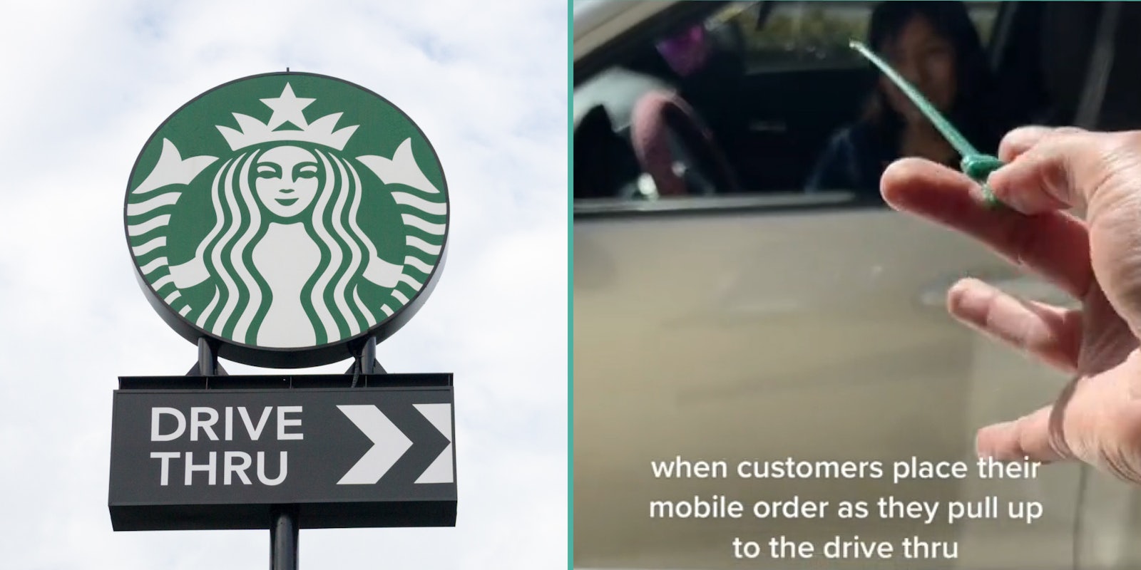 Starbucks Drive Thru sign with sky behind (l) Starbucks drive thru window worker holding out stirring stick as a wand at customer at window in car caption 'when customers place their mobile order as they pull up to the drive thru'