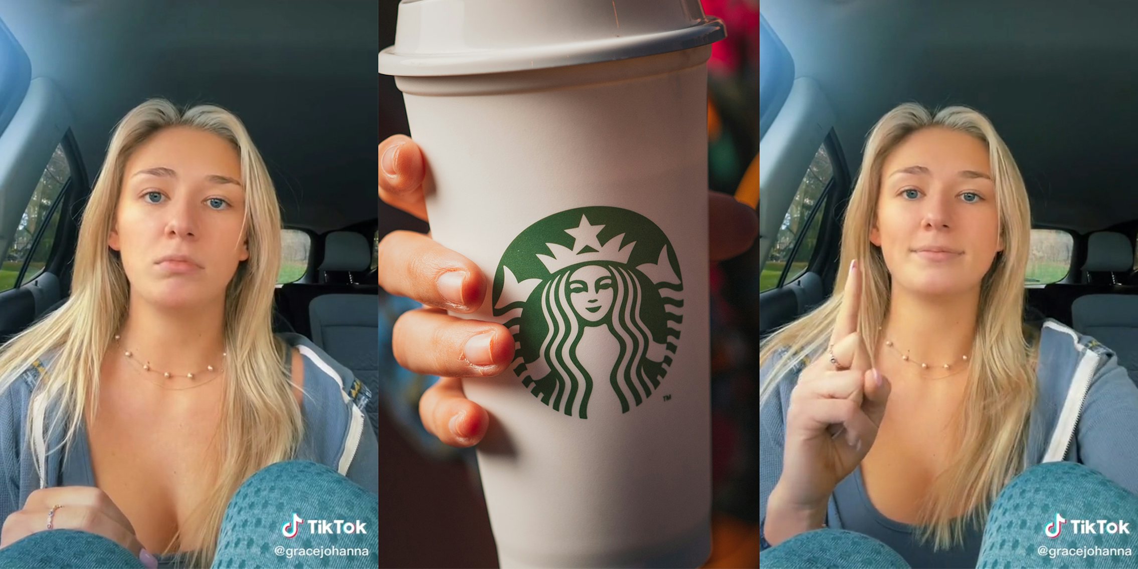 young woman in car (l&r) starbucks coffee cup (c)