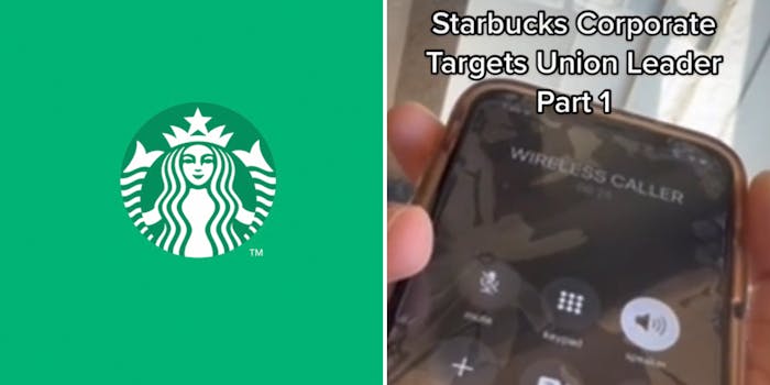 Starbucks logo on green background (l) Hand holding phone screen says wireless caller caption "Starbucks Corporate Targets Union Leader Part 1" (r)