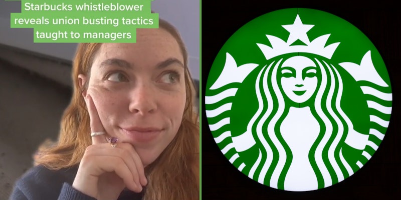 Woman on greenscreen tiktok video caption 'starbucks whistleblower reveals union busting tactics taught to managers'(l) Starbucks logo on black background (r)