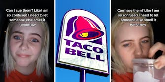 woman looking confused (l) taco bell logo (m) woman smelling drink (r)