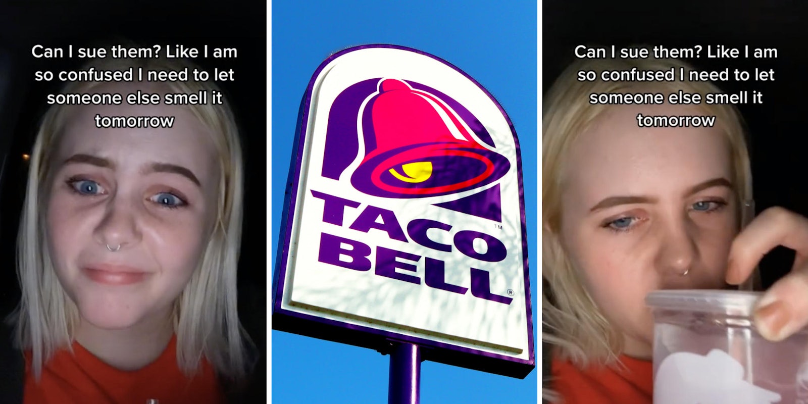 woman looking confused (l) taco bell logo (m) woman smelling drink (r)