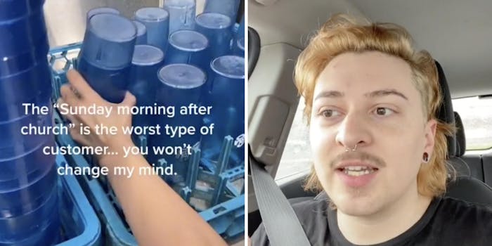 person reaching for cups (l) man talking in car (l)