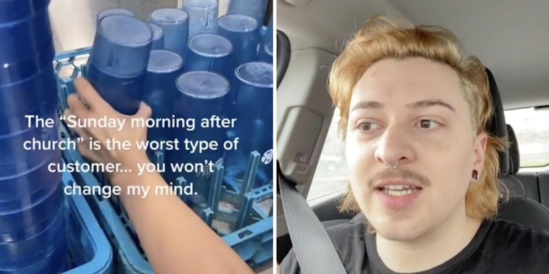 person reaching for cups (l) man talking in car (l)