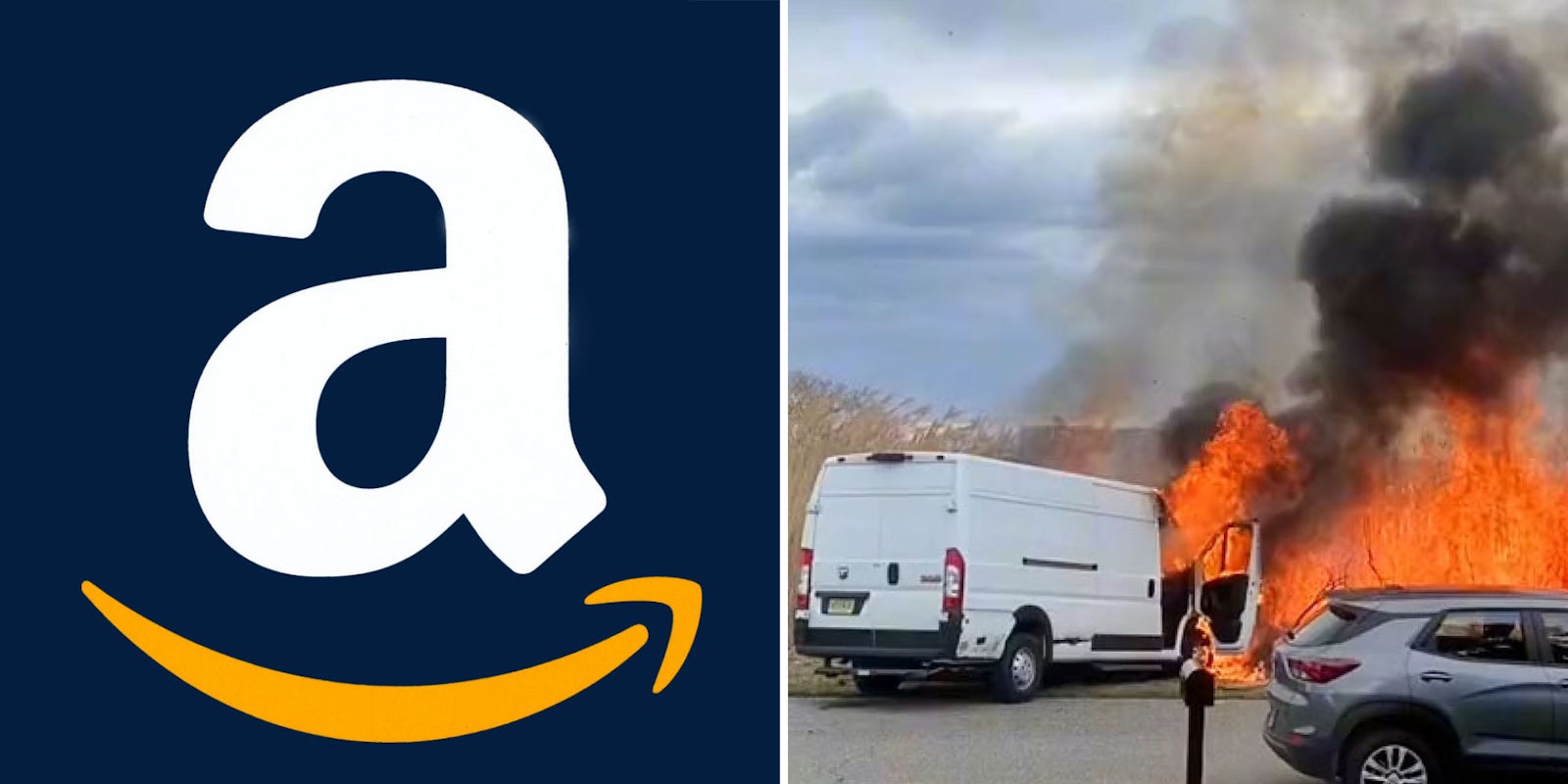 Amazon logo over navy blue background (l) Amazon driver's truck stuck and on fire (r)