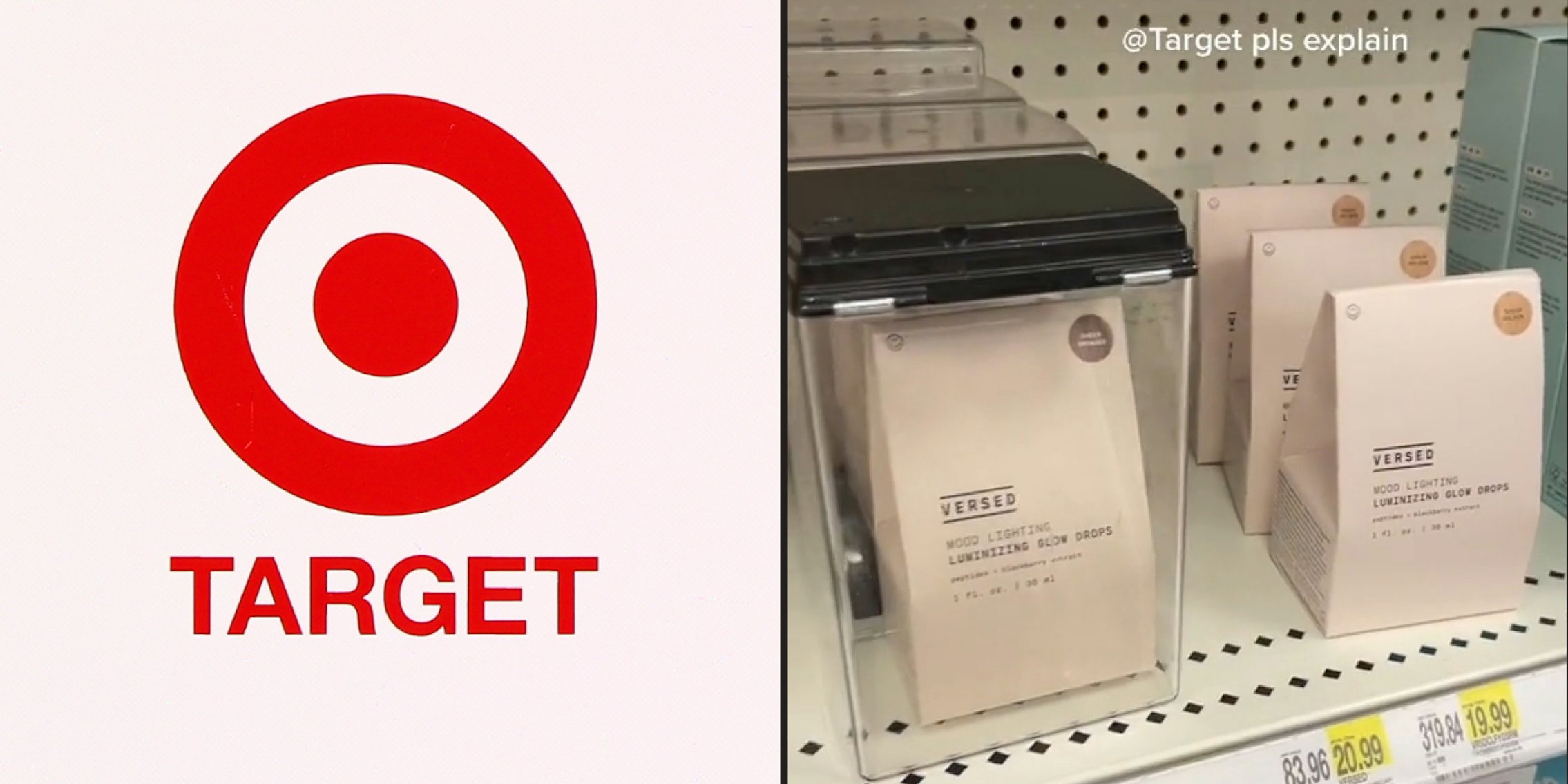 Target logo on white background (l) Target merchandise on shelf darker shades are locked lighter shades aren't (r)