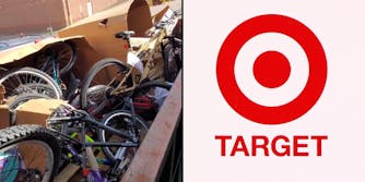 Bikes in large trash in Target parkinglot (l) Target logo over light pink background (r)