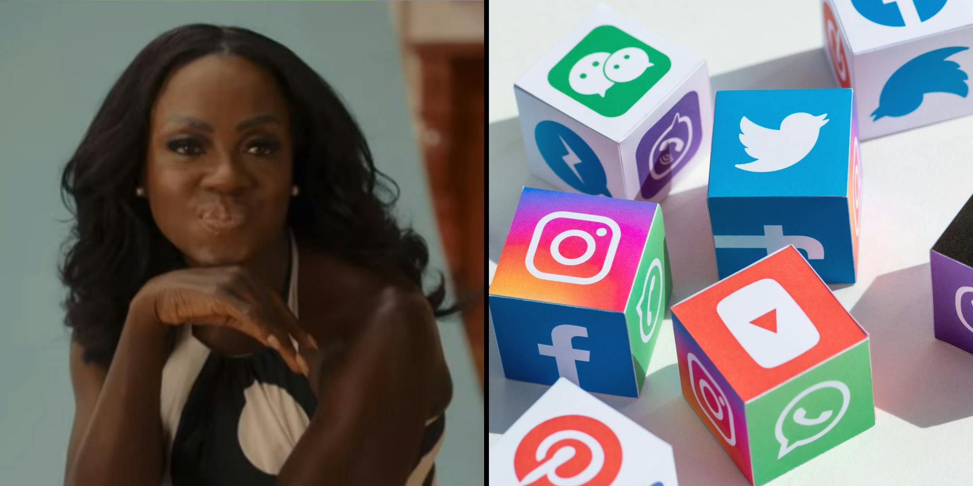Viola Davis posing in dress in The First Lady (l) Social media logos on assorted cubes on white surface (twitter instagram youtube pinterest etc) (r)