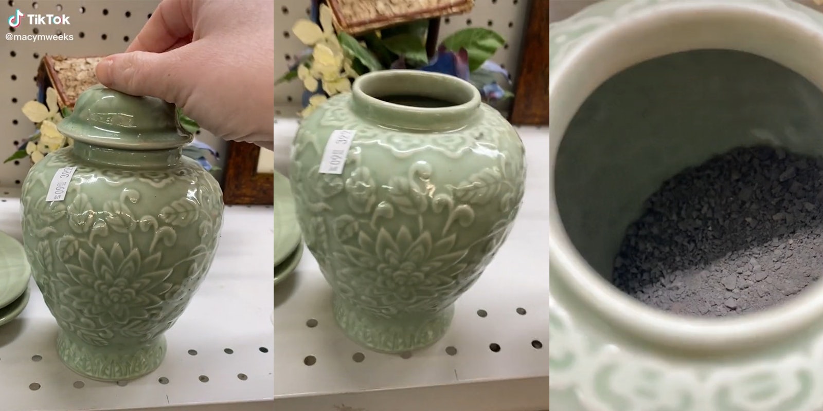 person opening urn on thrift store shelf to reveal ashes within