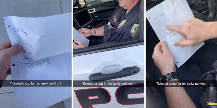 paper with a "police ticket" written on it (l) handing the paper to a policeman (m) (r)