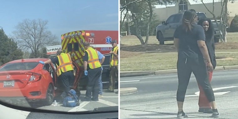 paramedics tending to car (l) a single woman approaching a black woman (r)