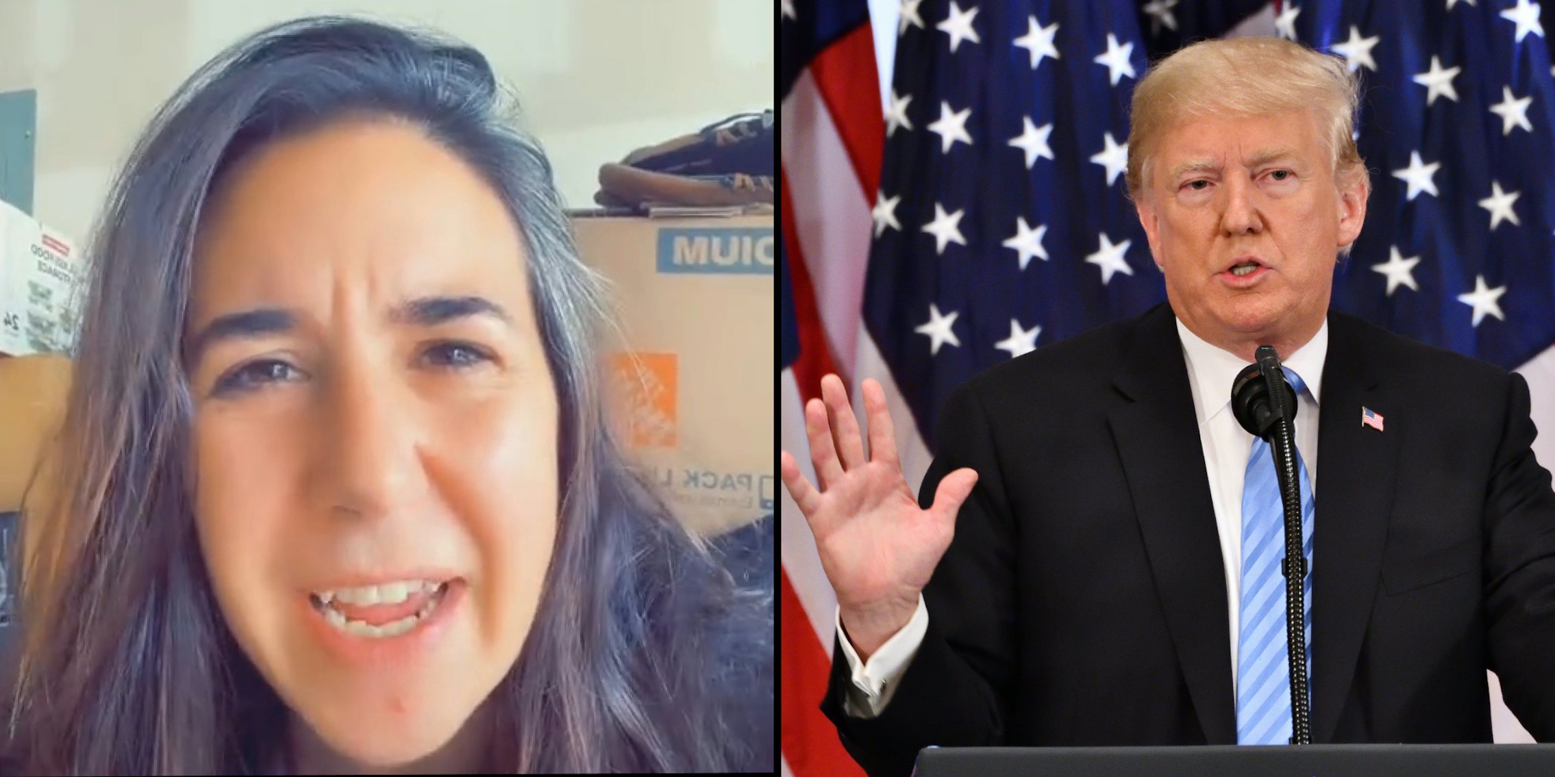 Tracy Beanz QAnon supporter talking (l) Donald trump speaking hand up (r)