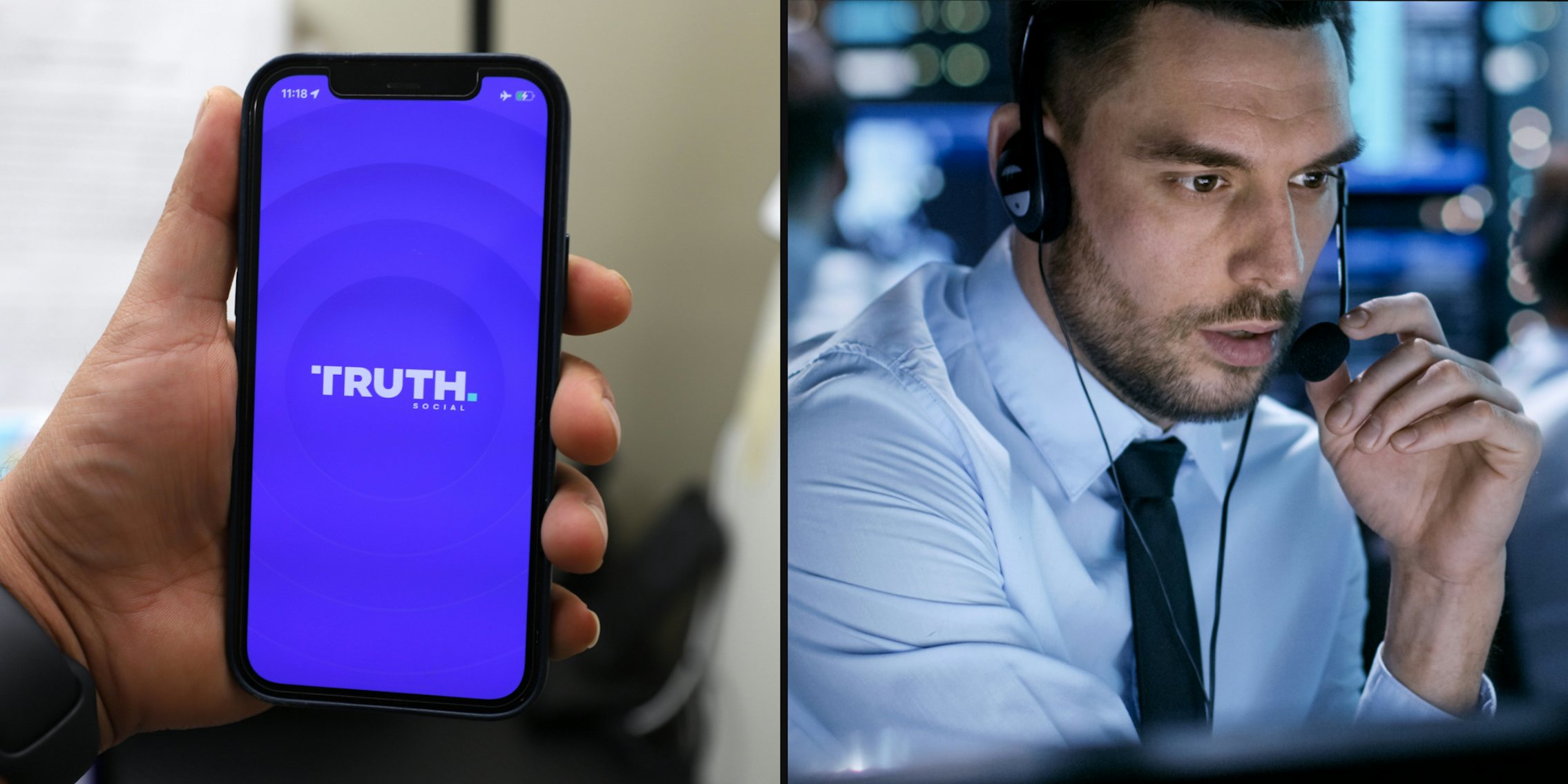 Truth social logo on phone in man's hand (l) Government system control technical worker with headset (r)