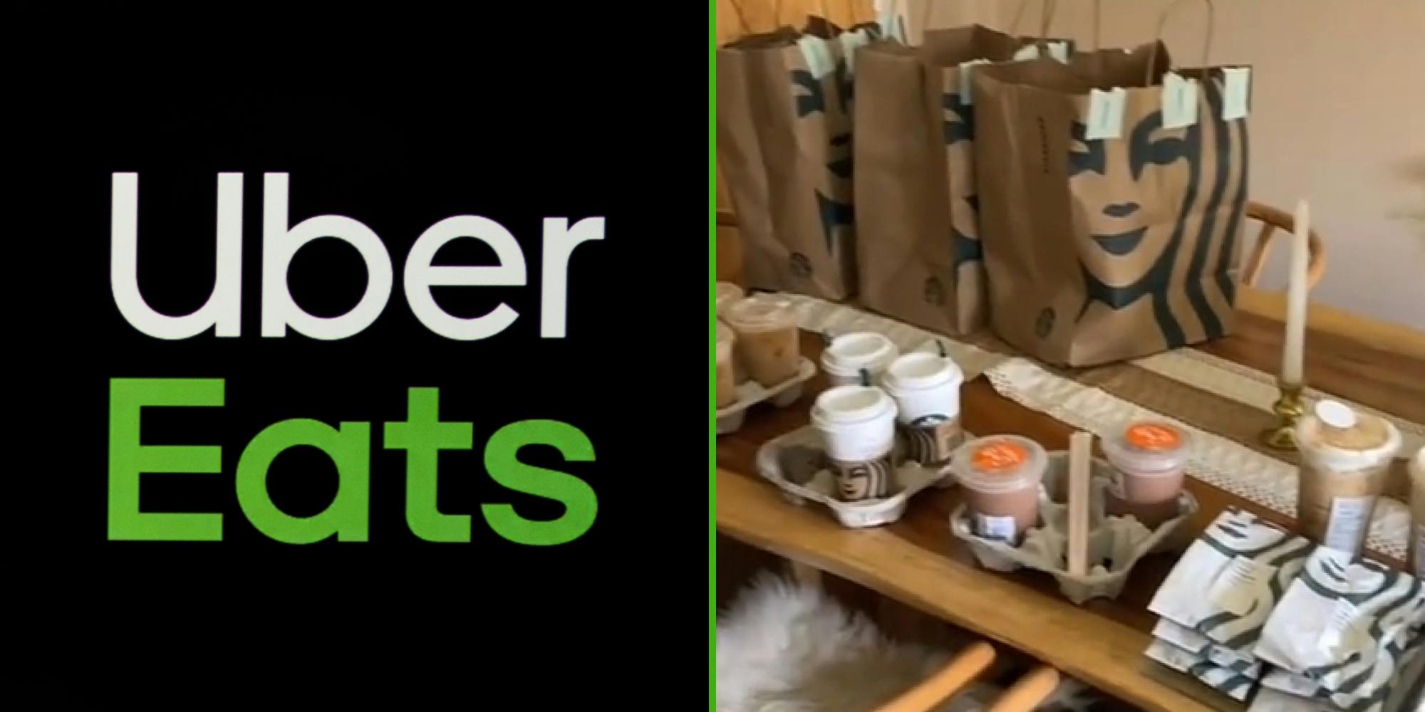 Uber Eats logo on black background (l) Starbucks smorgasbord on dinning room table (r)