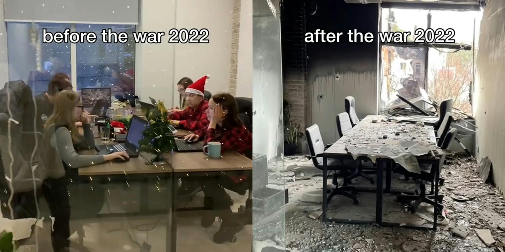office workers at tables with caption "before the war 2022" (l) same room after bombing with caption "after the war 2022" (r)