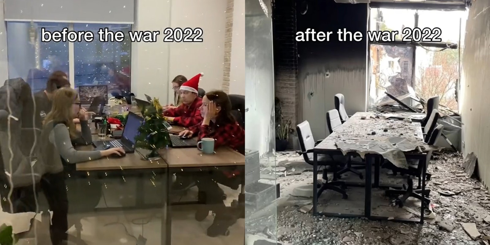 office workers at tables with caption 'before the war 2022' (l) same room after bombing with caption 'after the war 2022' (r)