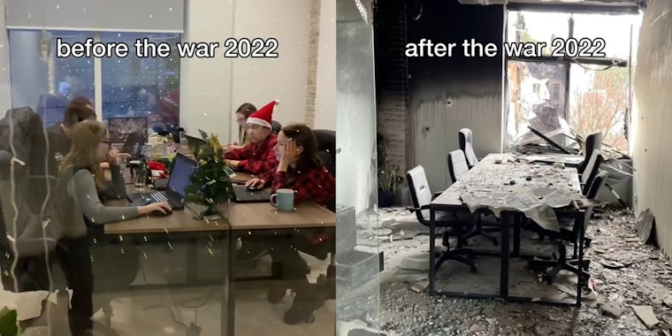 office workers at tables with caption 'before the war 2022' (l) same room after bombing with caption 'after the war 2022' (r)