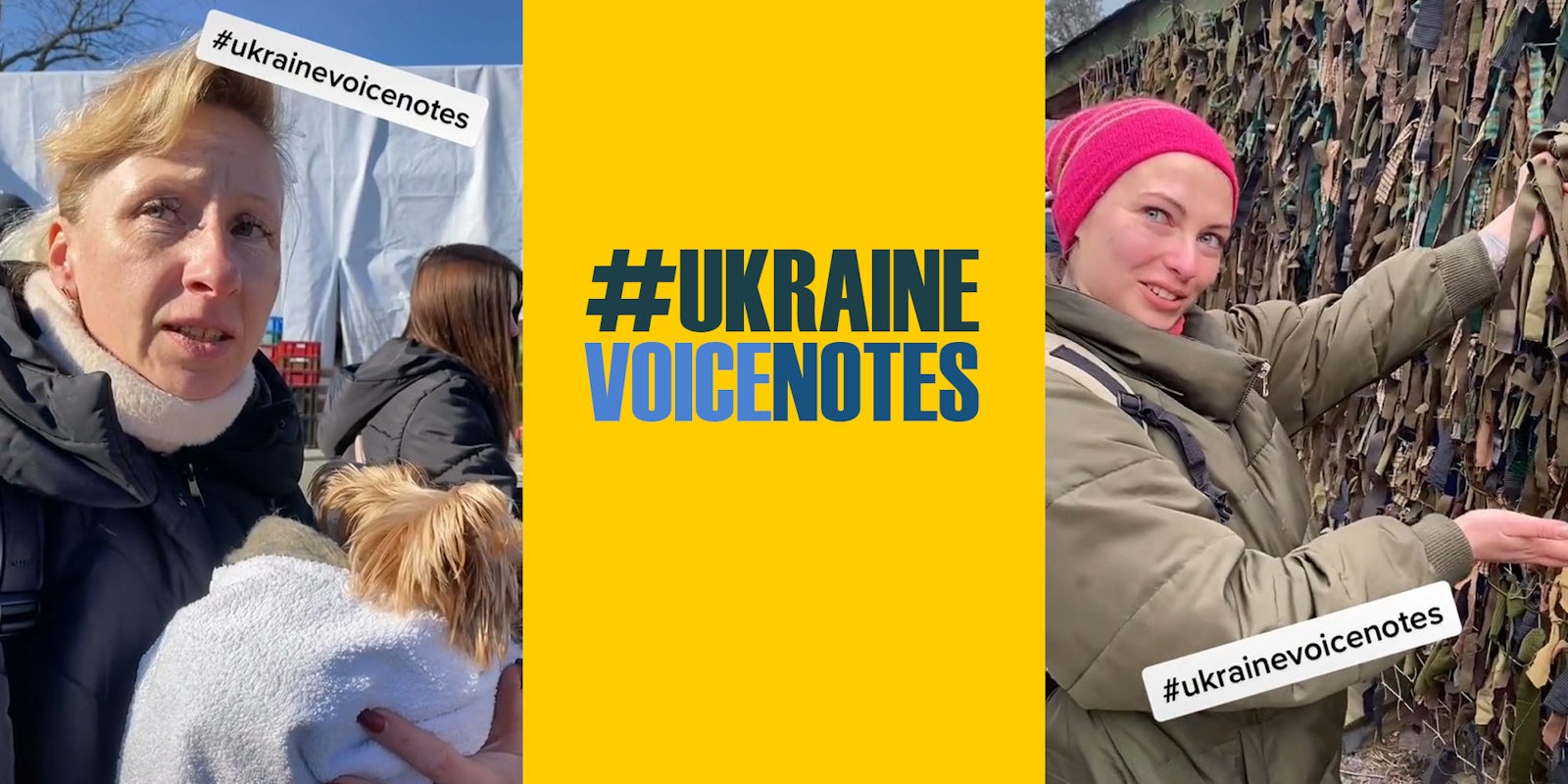 Woman holding dog telling her story caption '#ukrainevoicenotes' (l) Yellow background with caption '#ukrainevoicenotes' (c) Woman holding cloth up caption '#ukrainevoicenotes' (r)