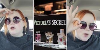 woman complaining in a car (l) (r) victoria's secret logo (m)