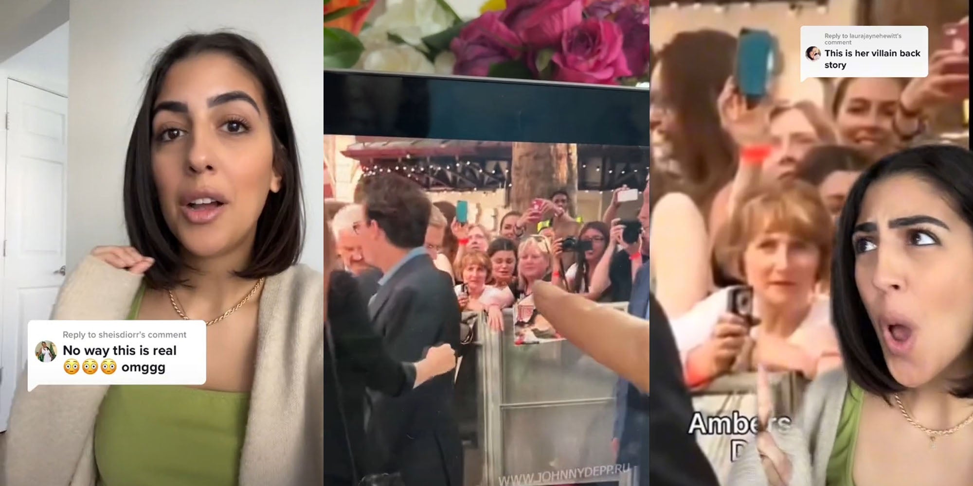 Woman talking hand up caption 'No way this is real omggg' (l) crowd of people woman finger pointing to woman (c) woman greenscreen over other womans face caption 'This is her villain backstory' (r)