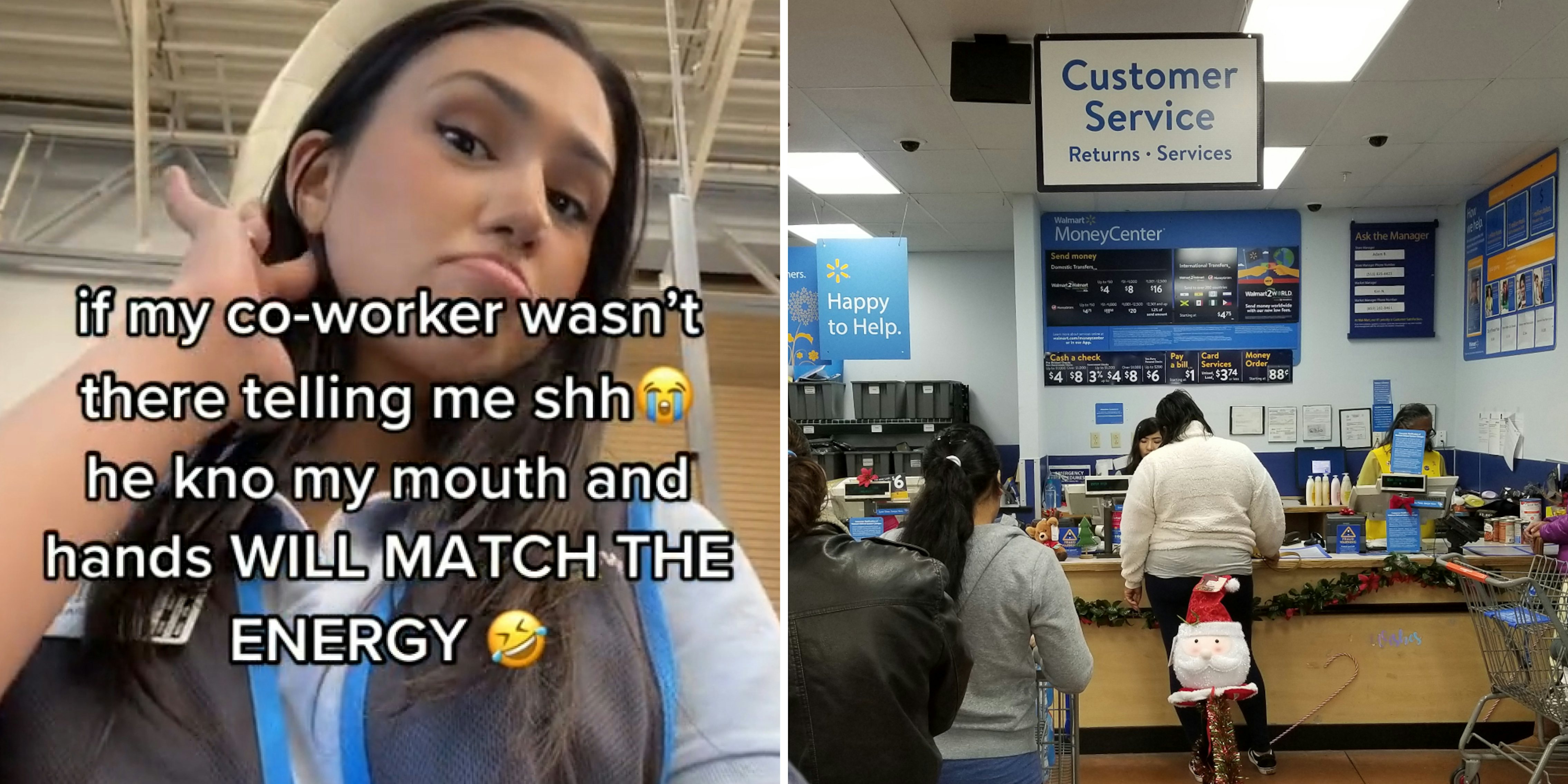Walmart employee hand putting hair behind hear listening caption 'if my co-worker wasn't there telling me shh he kno my mouth and hands WILL MATCH THE ENERGY' (l) walmart customer service area with people in line and at register (r)