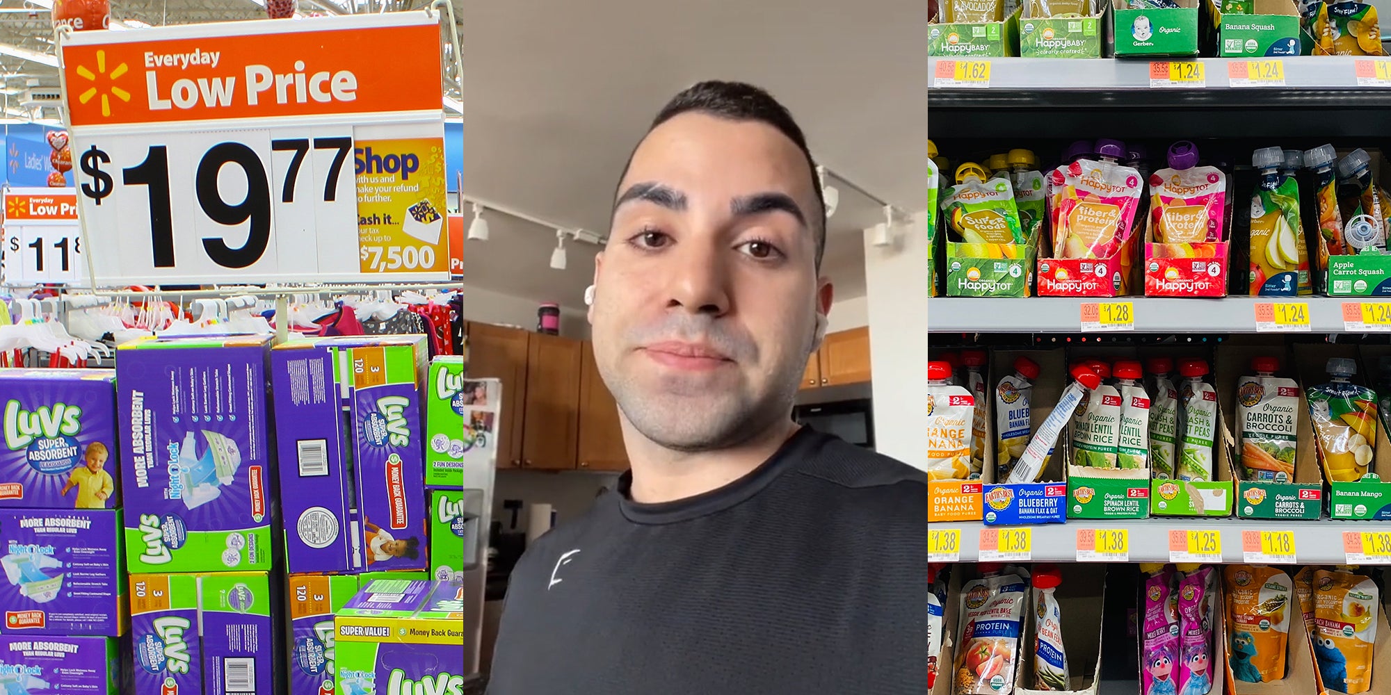 walmart sign over diapers (l) man in kitchen (c) baby food on shelves (r)