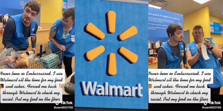 walmart workers removing items from cart (l) walmart logo (c) walmart workers looking at receipt (r) with caption 'never been so embarrassed. I use walmart all the time for my food and cakes. Forced me back through walmart to check my reciet. put my food on the floor'