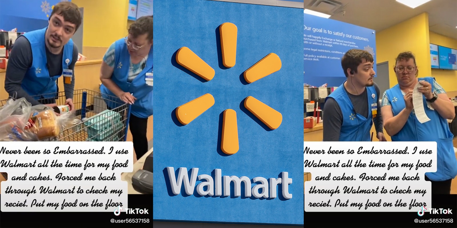 walmart workers removing items from cart (l) walmart logo (c) walmart workers looking at receipt (r) with caption 'never been so embarrassed. I use walmart all the time for my food and cakes. Forced me back through walmart to check my reciet. put my food on the floor'
