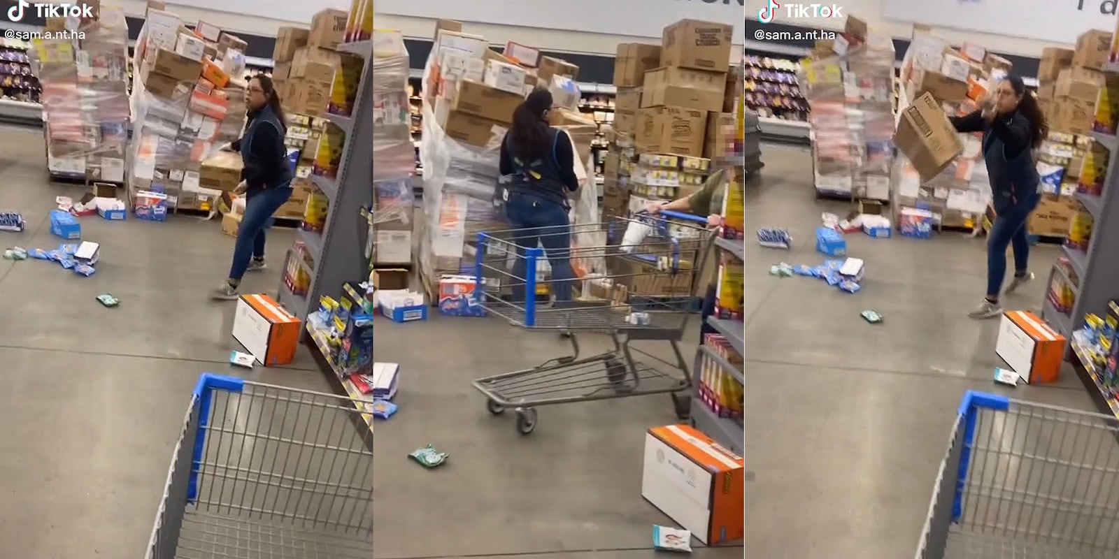 Walmart worker holding box aiming to throw it down aisle (l) walmart worker grabbing box from large stack (c) Walmart worker in motion throwing box (r)