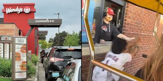 Wendy's drive thru with cars (l) Wendy's worker food in hand African American child running up taking the food (r)
