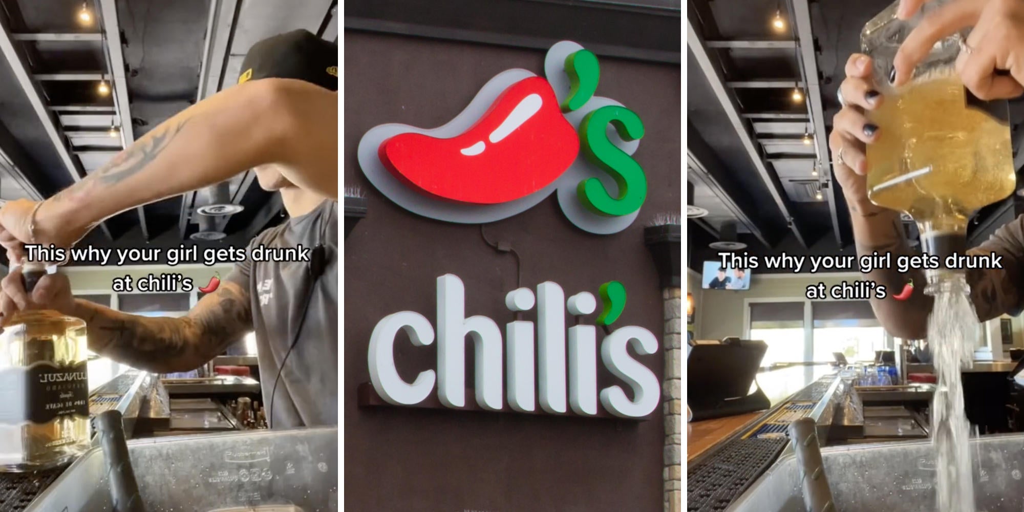 man opening bottle of alcohol (l) chilis logo (m) man pouring alcohol in sink (r)