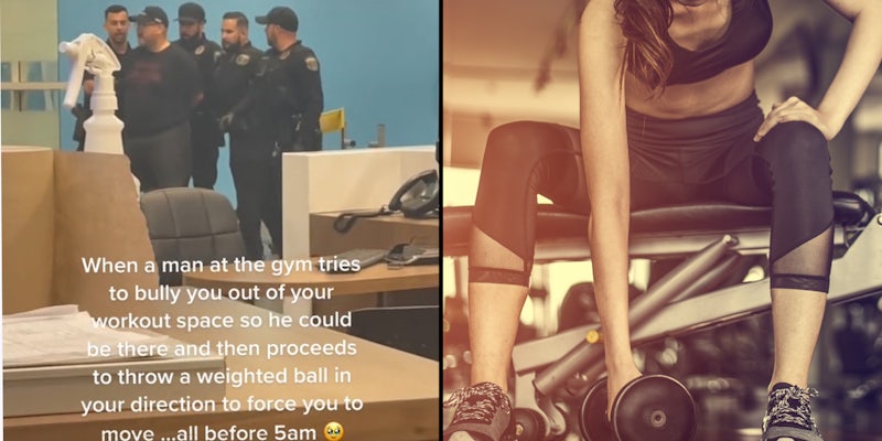 Man at gym being arrested by 4 police officers with caption 'When a man at the gym tries to bully you out of your work space so he could be there then proceeds to throw a weighted ball in your direction to force you to move... all before 5 am' (l) Woman using dumbbell at gym (r)