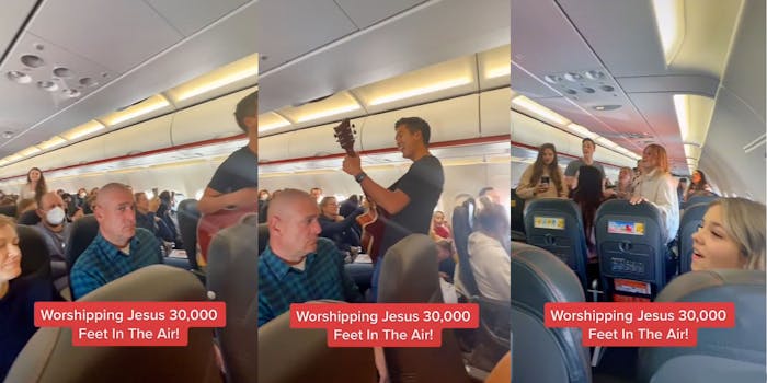 People on plane man holding guitar caption "Worshipping Jesus 30,000 Feet In The Air" (l) Man singing and playing guitar on plane caption "Worshipping Jesus 30,000 Feet In The Air!" (c) People standing on plane some recording caption "Worshipping Jesus 30,000 Feet In The Air!" (r)