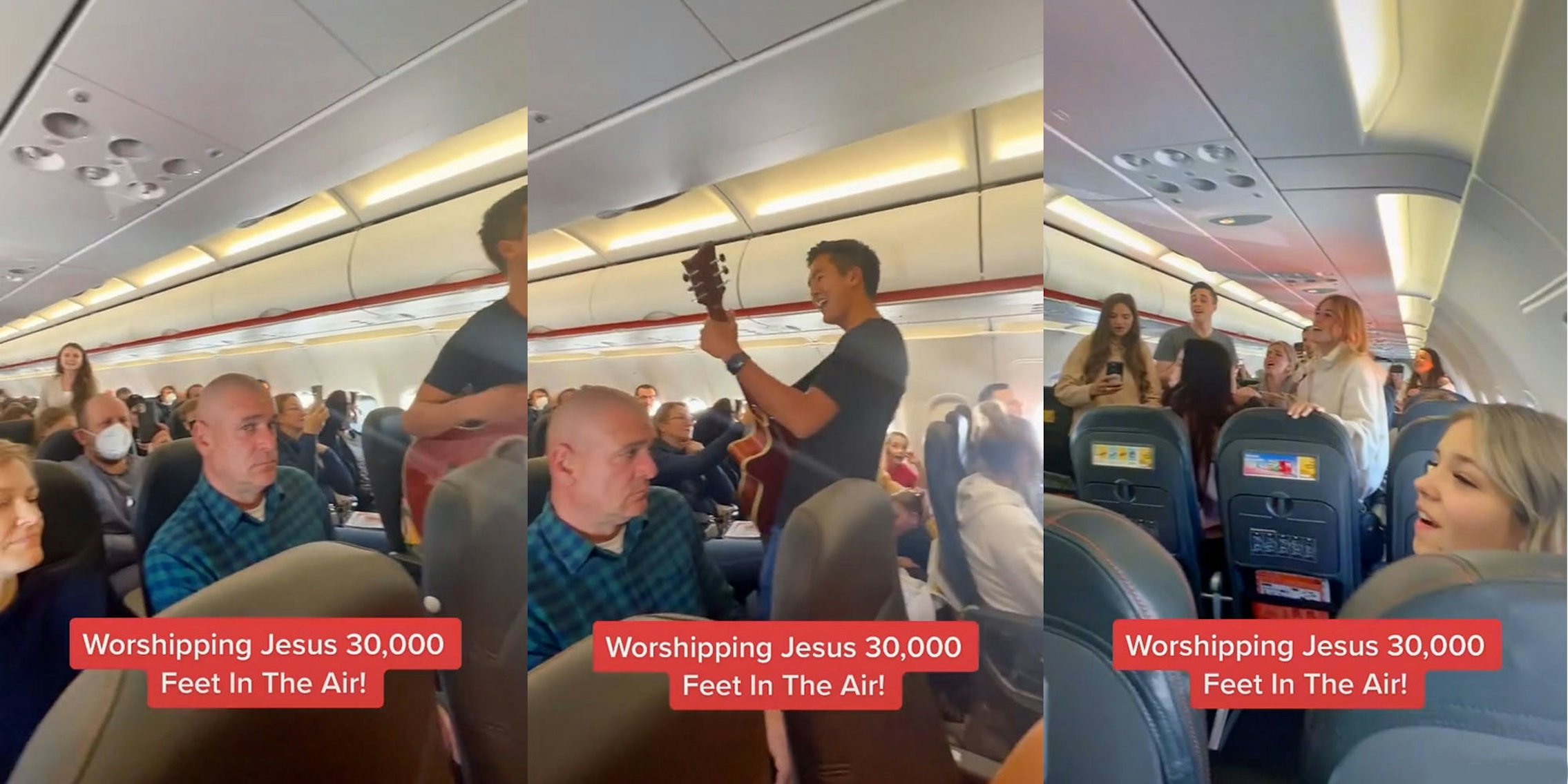 People on plane man holding guitar caption 'Worshipping Jesus 30,000 Feet In The Air' (l) Man singing and playing guitar on plane caption 'Worshipping Jesus 30,000 Feet In The Air!' (c) People standing on plane some recording caption 'Worshipping Jesus 30,000 Feet In The Air!' (r)