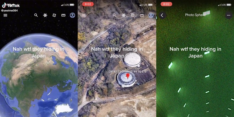 google earth (l) overhead view of buildings (c) lights (r) all with caption 'Nah wtf they hiding in Japan'
