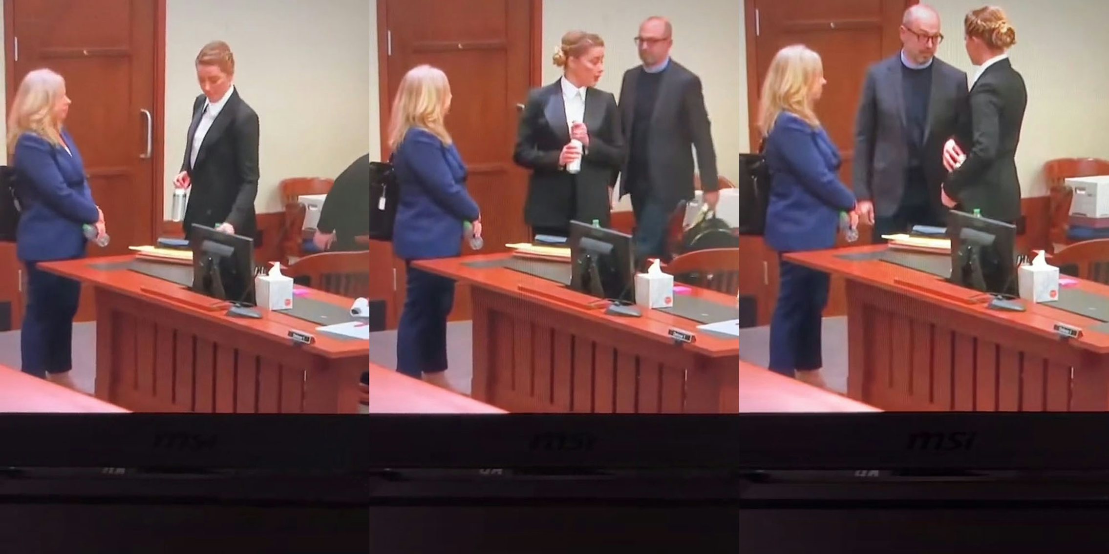 Amber Heard in court holding metal water bottle next to woman in suit (l) Amber Heard holding metal bottle to body looking around room (c) Amber Heard tucking metal bottle in jacket pocket (r)