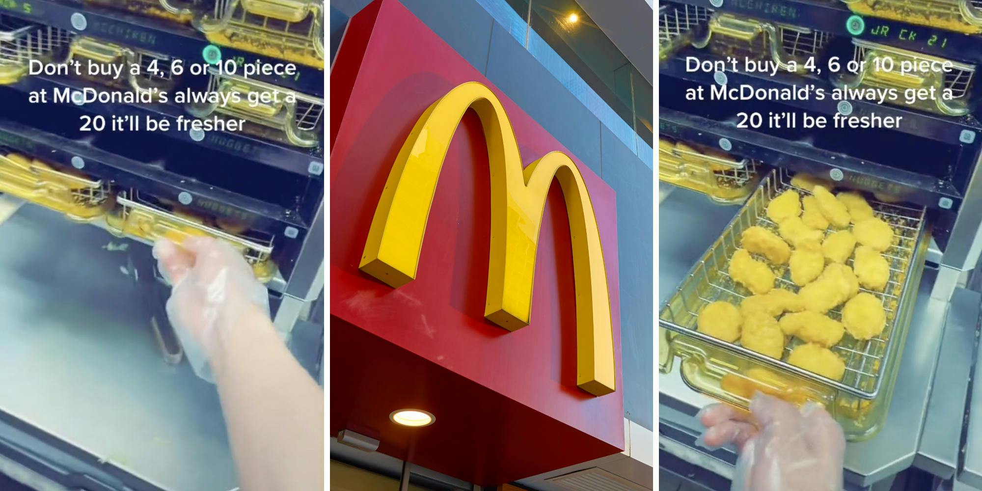 hand reaching for chicken nugget container (l) mcdonalds logo (c) hand pulling out tray with chicken nuggets (r)