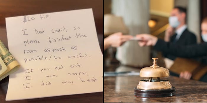 Note with $20 tip caption "$20 tip I had Covid, so please disinfect the room as much as possible/be careful. If you get sick I am sorry I tried my best" (l) hotel reception desk workers blurred bell on counter in front (r)
