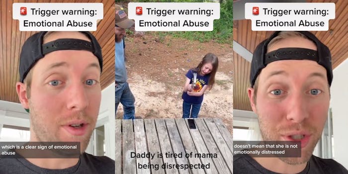 man speaking caption "Trigger Warning:Emotional Abuse" "which is a clear sign of emotional abuse" (l) Little girl crying smashing phone with hammer dad next to her caption "Trigger Warning:Emotional Abuse" "Daddy is tired of mama being disrespected" (c) man talking caption "Warning Trigger:Emotional Abuse" "doesn't mean that she is not emotionally distressed" (r)