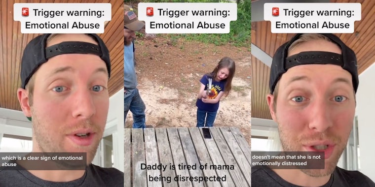 man speaking caption 'Trigger Warning:Emotional Abuse' 'which is a clear sign of emotional abuse' (l) Little girl crying smashing phone with hammer dad next to her caption 'Trigger Warning:Emotional Abuse' 'Daddy is tired of mama being disrespected' (c) man talking caption 'Warning Trigger:Emotional Abuse' 'doesn't mean that she is not emotionally distressed' (r)