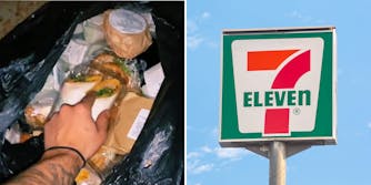 man hand on garbage bag full of new food (l) 7/11 sign on sky background (r)