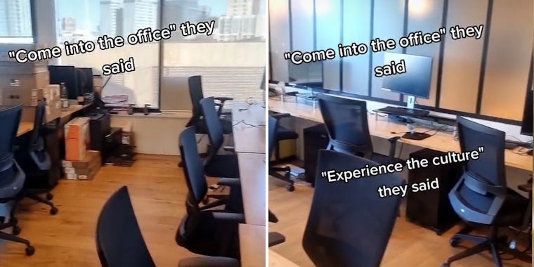 Empty office chairs in office caption 'Come into office they said' (l) empty office chairs in office caption 'Come into the office they said' 'Experience the culture they said' (r)