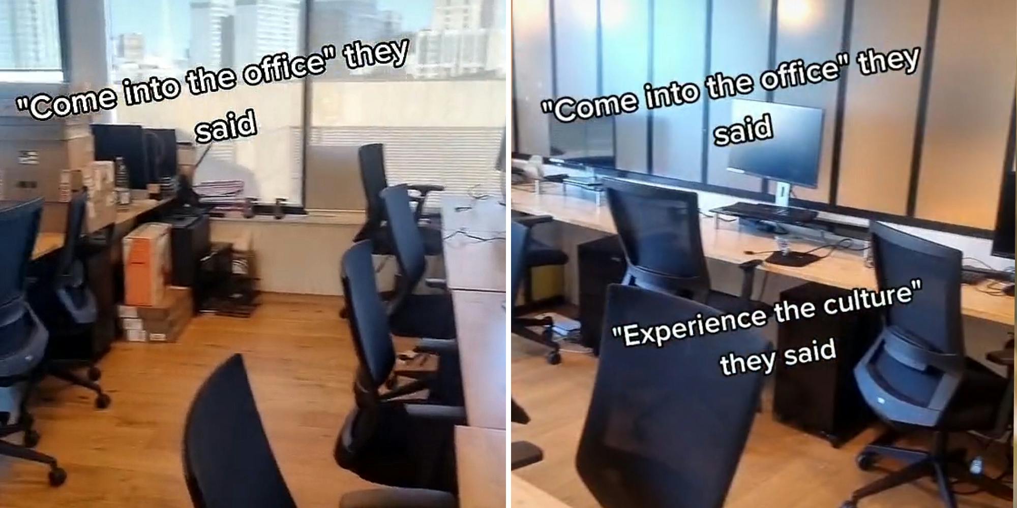 Empty office chairs in office caption "Come into office they said" (l) empty office chairs in office caption "Come into the office they said" "Experience the culture they said" (r)