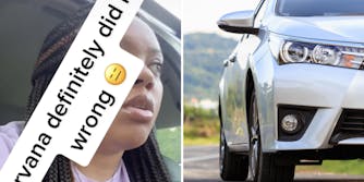 black woman in car talking (l) car on road (r)