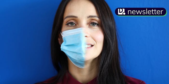 A woman wearing a protective mask before and after COVID. The Daily Dot newsletter logo is in the top right corner.