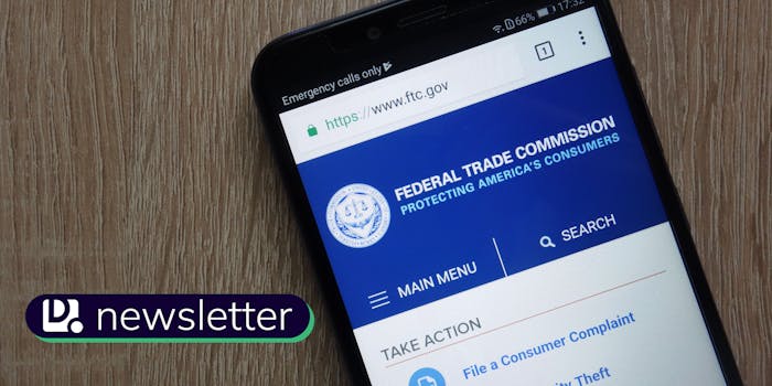A mobile phone showing the Federal Trade Commission (FTC) website. In the lower left corner is the Daily Dot newsletter image.
