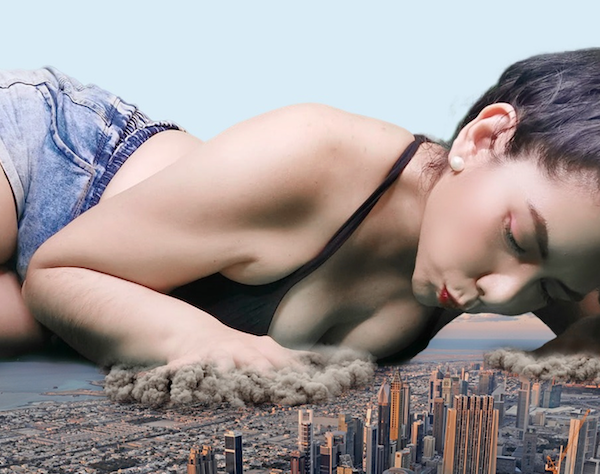 Giantess Deborah/ManyVids towering over a city causing destruction 