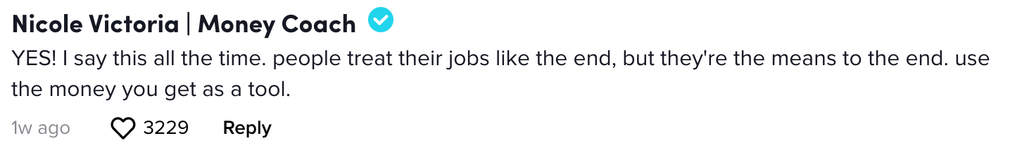 YES! I say this all the time. people treat their jobs like the end, but they're the means to the end. use the money you get as a tool.